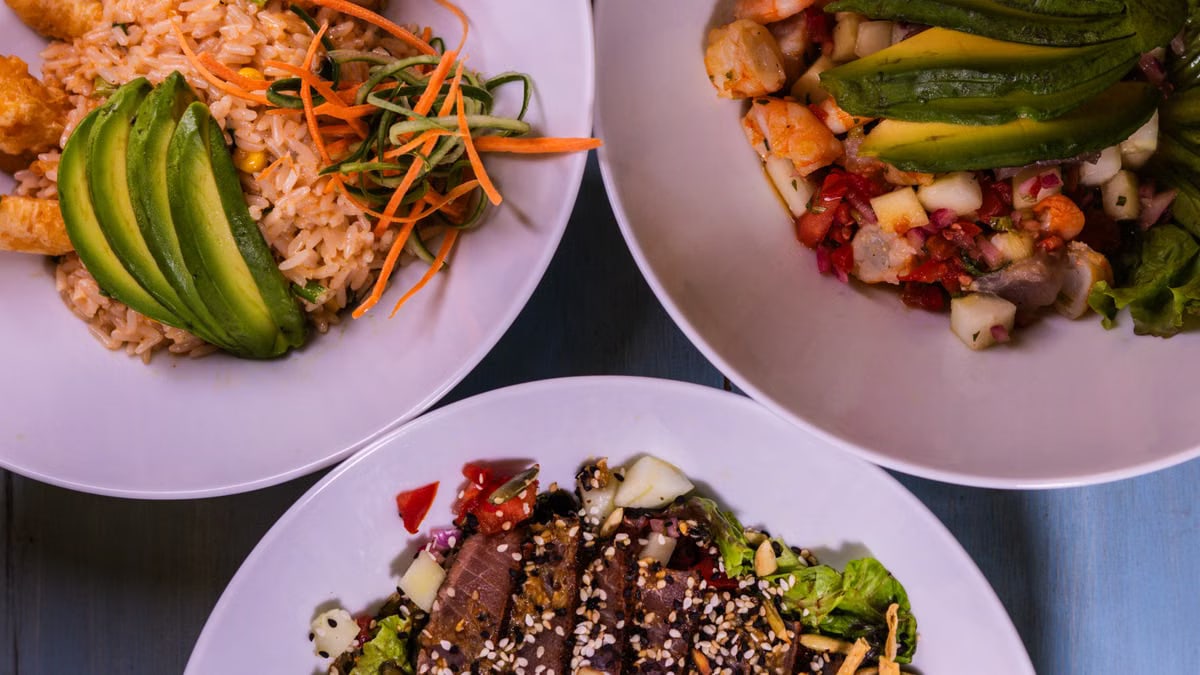 Three flavorful dishes featuring seafood and avocado, plated creatively for a delightful meal.
